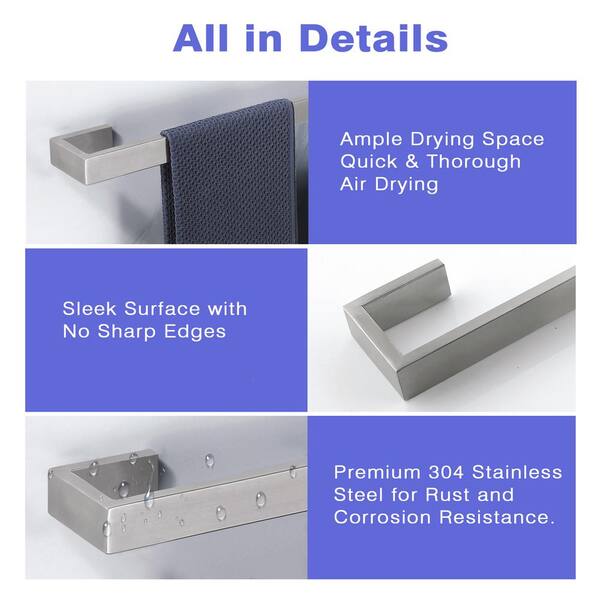 Bath 24 in. Square Wall Mounted Towel Bar Stainless Steel Towel Holder in Brushed Nickel