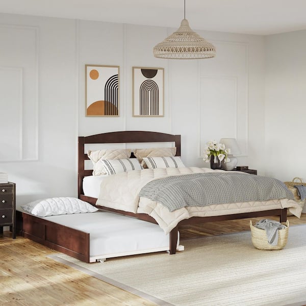 Warren 60-1/4 in. W Walnut Queen Solid Wood Frame with Twin XL Pull Out Trundle Bed and USB Charger Platform Bed