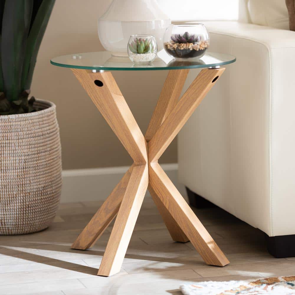 Round Glass and Wood End Table with Sculptural Base