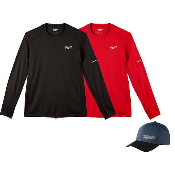 Milwaukee Men's X-Large Black and Red WORKSKIN Light Weight Performance Long Sleeve T-Shirt (2Pk) W/Sm/Med Blue WORKSIN Fitted Hat