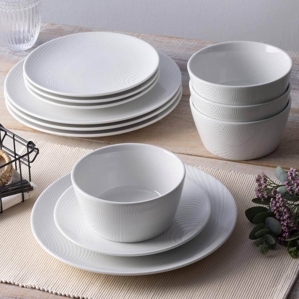 White Textured Porcelain Round Dinner Plates, Set of 4