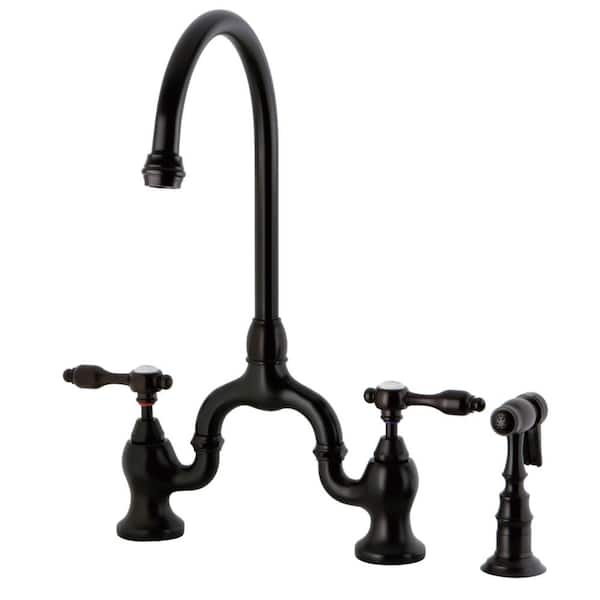 Kingston Brass Tudor 2-Handle Bridge Kitchen Faucet with Side Sprayer in Oil Rubbed Bronze