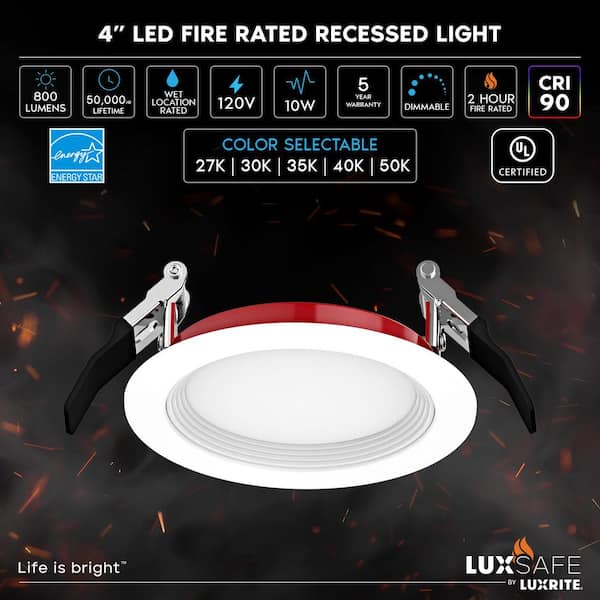 4 in. Integrated LED Recessed Light Fire Rated 5CCT, 2-Hour Fire Rating 800LM Dimmable Baffle IC Wet Rated UL 6-Pack