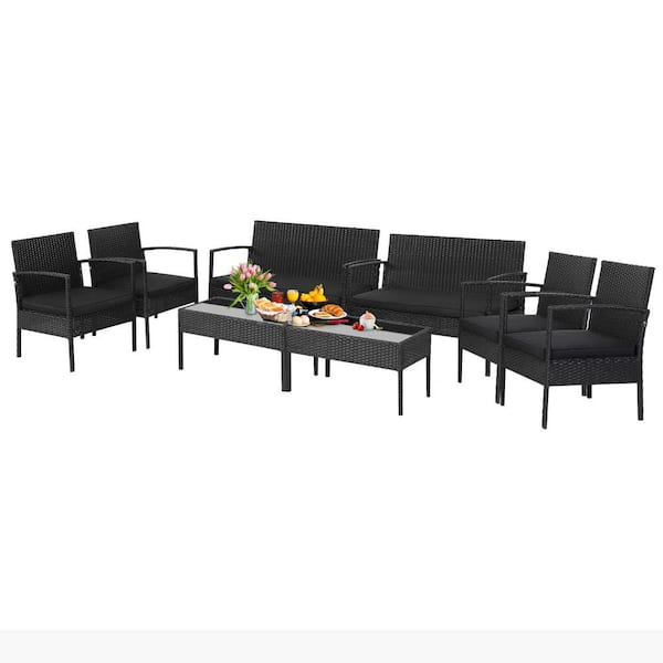 Gymax 8PCS Rattan Patio Conversation Set Outdoor Wicker Furniture Set w/Cushions