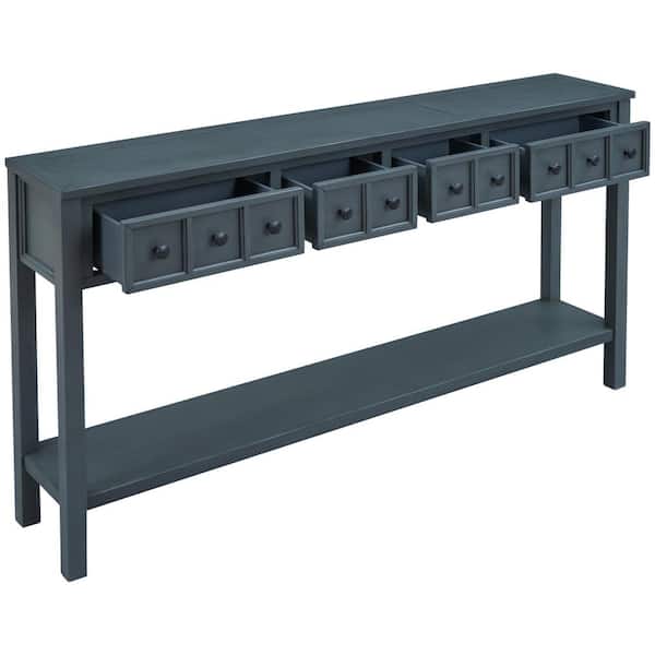 Polibi 60 in. Navy Rectangle Wood Console Table with two Different Size Drawers and Bottom Shelf for Storage Navy