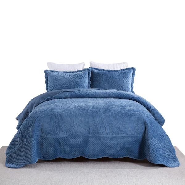 MarCielo BYV303 Midtone Blue Leaf and Vines King Size Polyester Velvet Quilt Bedspread Set