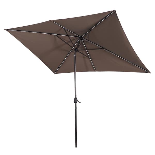 ANGELES HOME 8-1/5 ft. x 7 ft. 50+ UPF Rectangle Crank Tilt Aluminum Market Solar LED Lighted Patio Umbrella without Base in Taupe