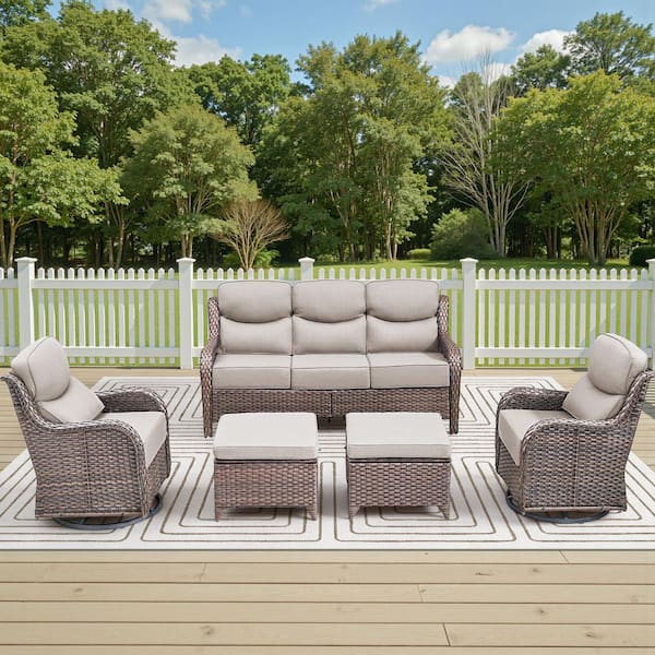 Holion Brown 5-Piece Wicker Patio Conversation Set with Swivel Chairs Outdoor Sofa Seating Set with 6 in. Beige Cushions