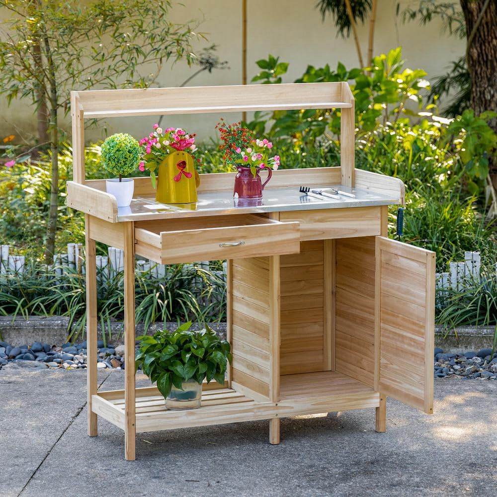 Natural Wood Potting Bench with Steel Tabletop and Storage Cabinet