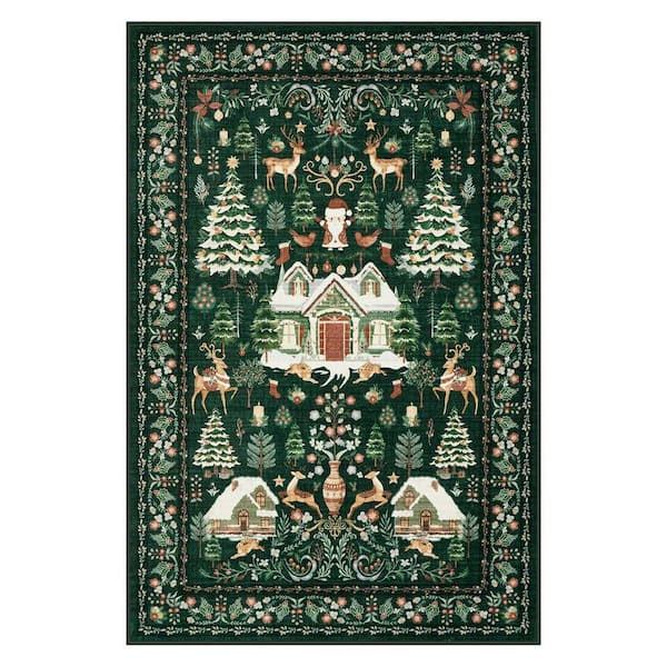 Washable Vintage Christmas Woodland Cabin Pattern Non Slip Green 4 ft. x 6 ft. Living Room/Bedroom Indoor Area Rug