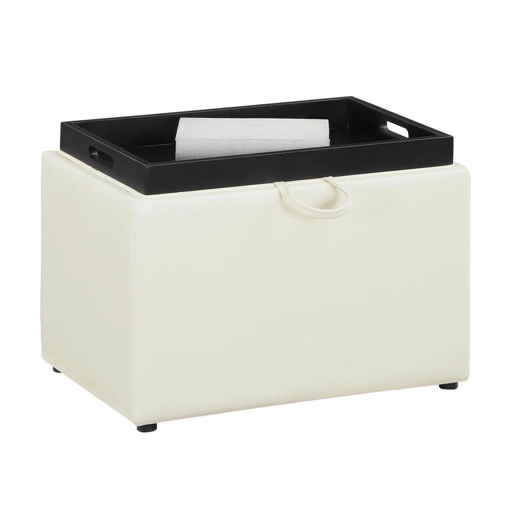 Ivory Faux Leather 23" Multifunctional Storage Ottoman with Reversible Tray