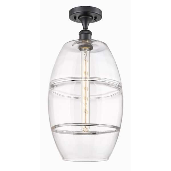 Vaz 10 in. 1-Light Matte Black Industrial Semi-Flush Mount with Clear Glass Shade