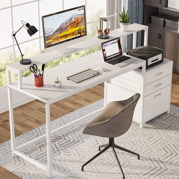 BYBLIGHT Capen 63 in. Rectangle White Engineered Wood Computer Desk Office Table Workstation 3-Drawer/Monitor Stand/Hutch