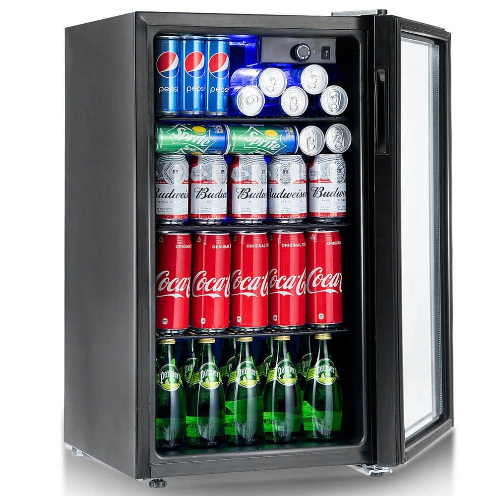 Compact Black 120-Can Beverage Refrigerator with Glass Door