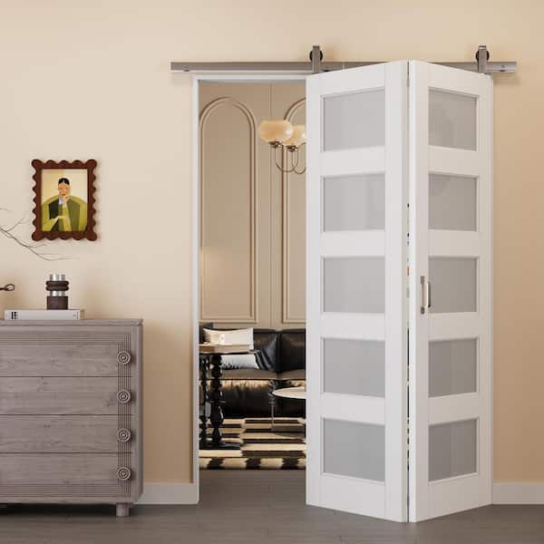 56 in. x 96 in. 5 Lite Tempered Frosted Glass White Primed MDF Bifold Sliding Barn Door with Hardware Kit Nickel