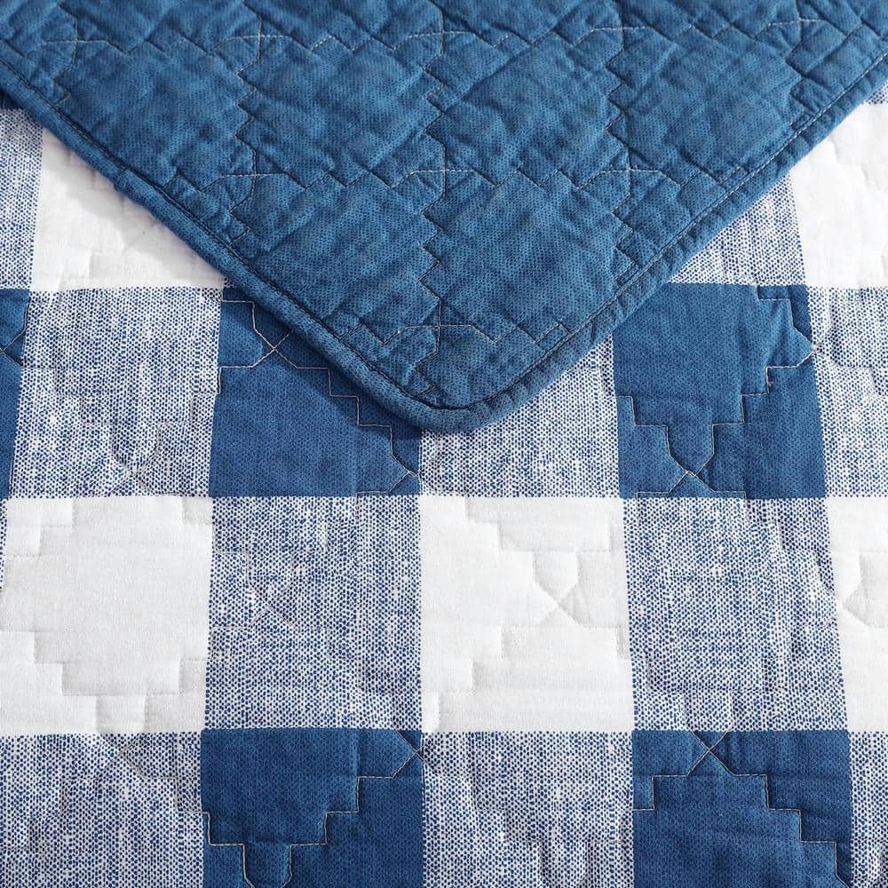 King Blue Cotton Reversible Quilt Set with Shams
