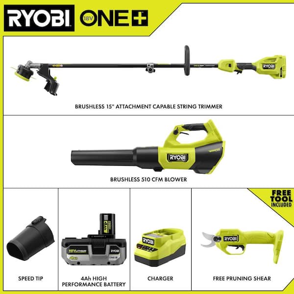 ONE+ HP 18V Brushless Cordless Attachment Capable 15" Trimmer and Blower Combo Kit w/ Pruner, 4.0 Ah Battery & Charger