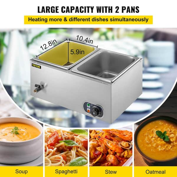 VEVOR Commercial Electric Food Warmer, 2-Pot Steam Table Food Warmer 0-100 w/ 2 Lockable Wheels, Professional Stainless Steel