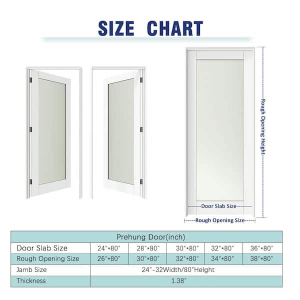 32 in. x 80 in. 1-Lite Frosted Glass Single Prehung Interior Door Left-Handed MDF White with Door Jamb and Hardware Kit