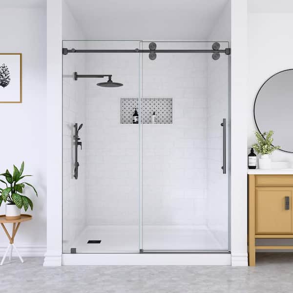 Serena 60 in. W x 80 in. H Sliding Frameless Shower Door in Space Gray with 3/8 in. (10 mm) Tempered Clear Glass