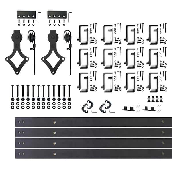 HOMACER 15 ft./180 in. Black Rustic Double Track Bypass U-Shape Sliding Barn Door Hardware Kit - Diamond Design Roller