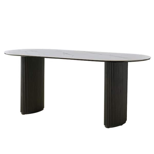 Lesly Modern Kitchen Oval White Composite Stone Tabletop 55.12 in. Black Fiberglass Double Pedestal Dining Table (4 Seats)
