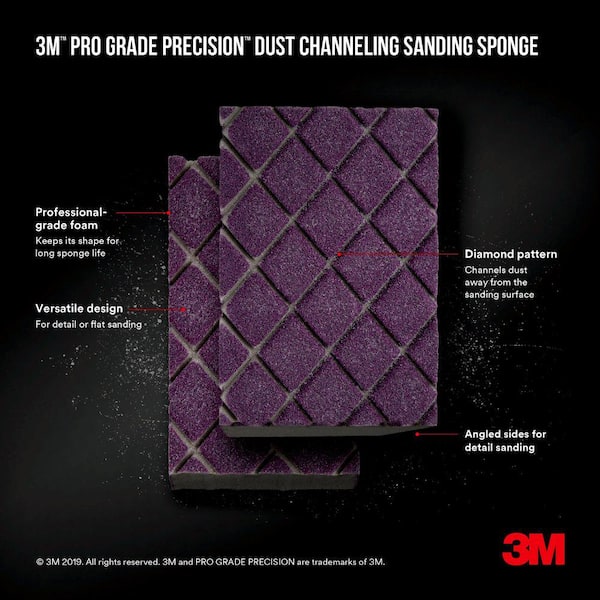 3M Pro Grade Precision 4-1/2 in. x 2-1/2 in. x 1 in. 220-Grit X-Fine Dust  Channeling Sanding Sponge 2504PGP-220-UF - The Home Depot