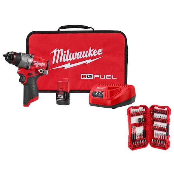 Milwaukee M12 FUEL 12-Volt Li-Ion Brushless Cordless 1/2 in. Hammer Drill Kit w CP 2.0Ah Battery, Charger & Bit Set (70-Piece)