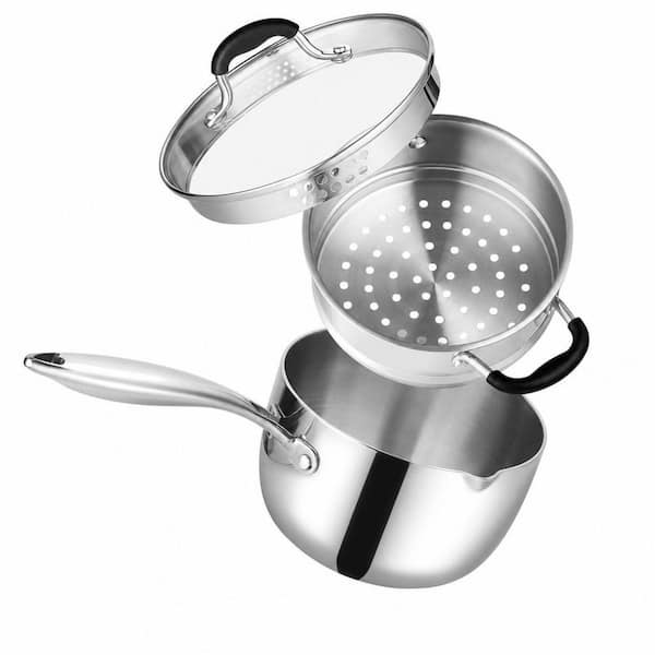 Silver 2.5 qt. Stainless Steel Tri-Ply Whole-Clad Saucepan with Steamer Pour Spout Strainer Glass Lid Stay-Cool Handle