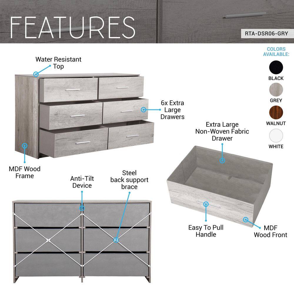 Grey 6-Drawer 44.5 in. Wide Dresser - thumbnail 3