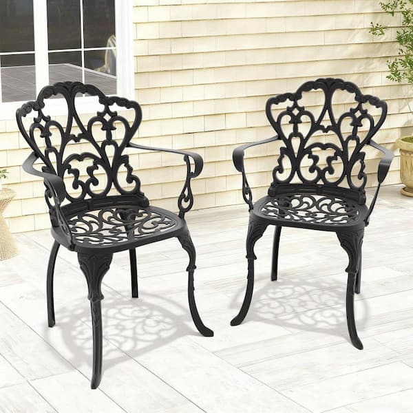 Black Elegant Cast Aluminum Patio Outdoor Dining Chair with Off-white Cushion(2-Pack)