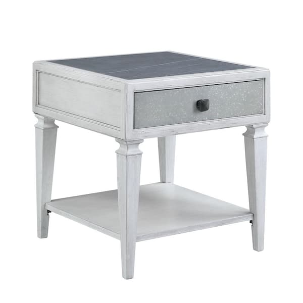 Acme Furniture Katia 24 in. Rustic Gray and Weathered White Square Wood End Table with Drawer