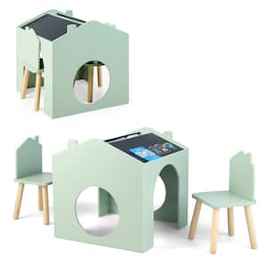 3-Piece Wood Top Green Kids Table and Chair Set with Blackboard for Drawing Reading