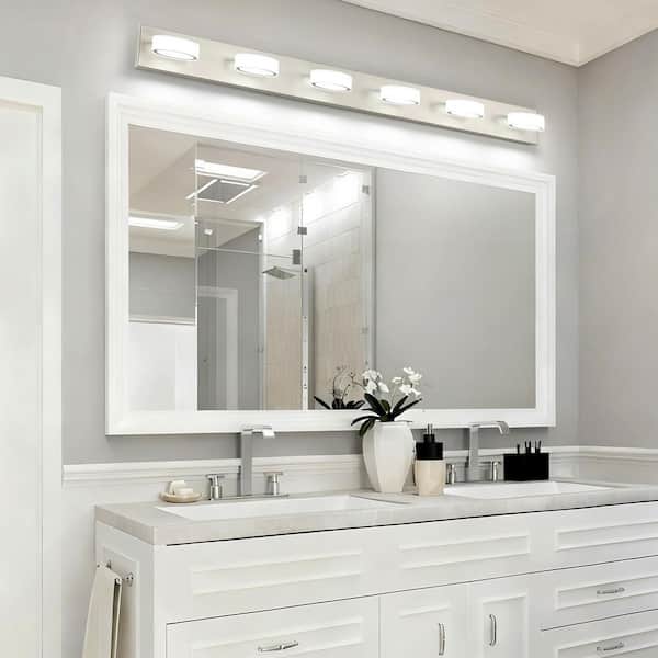 49.6 in. 6-Light Nickel LED Bathroom Vanity Light with Dimmable 5500K and 350° Swivel Range Acrylic Lampshade