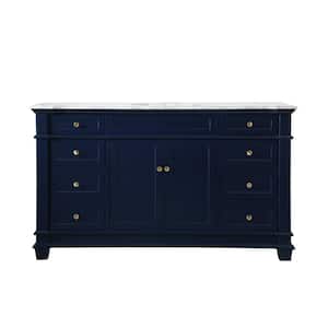 Timeless Home 60 in. W x 21.5 in.D x 35 in.H Single Bath Vanity in Blue with Marble Vanity Top in White with White Basin