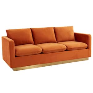 Nervo 83" Mid-Century Modern Upholstered Velvet 3-Seater Sofa With Gold Frame in Orange Marmalade