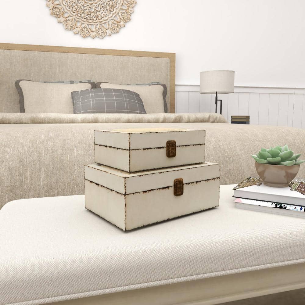 White and Burlap Rectangular Wood Lidded Box Set