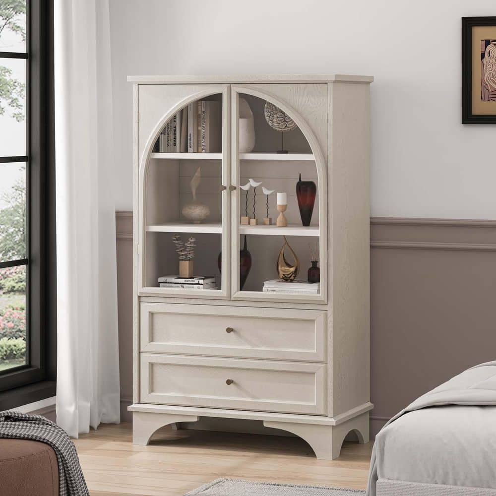 52.17 in. H Vintage White Accent Storage Cabinet Glass Door