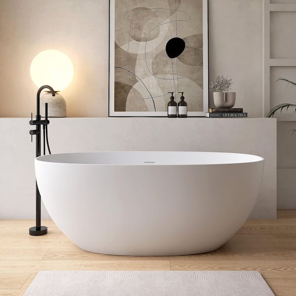 59 in. x 31 in. Stone Resin Freestanding Soaking Bathtub in White