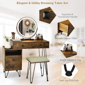 Vanity Table Stool Set Dimmer LED Mirror Large Storage Cabinet Drawer Brown