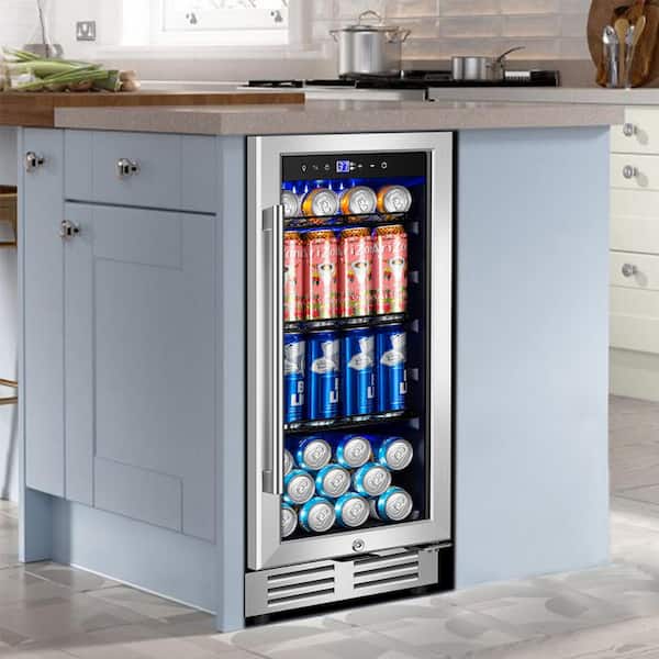 15 in. Built-In Single Zone 170-Can Beverage Refrigerator in Stainless Steel with Blue LED Interior Lighting