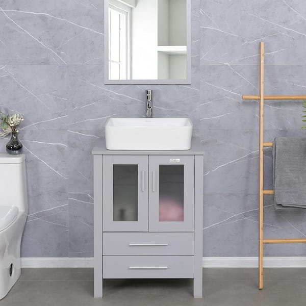 24 in. W x 20 in. D x 32 in. H Single Sink Bath Vanity in Gray with White Ceramic Top Chrome Faucet Set