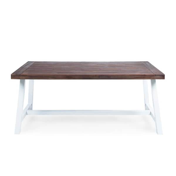 Unbranded Acacia Wood Outdoor Dining Table with Metal Legs for Patio, Garden, Backyard, Brown and White