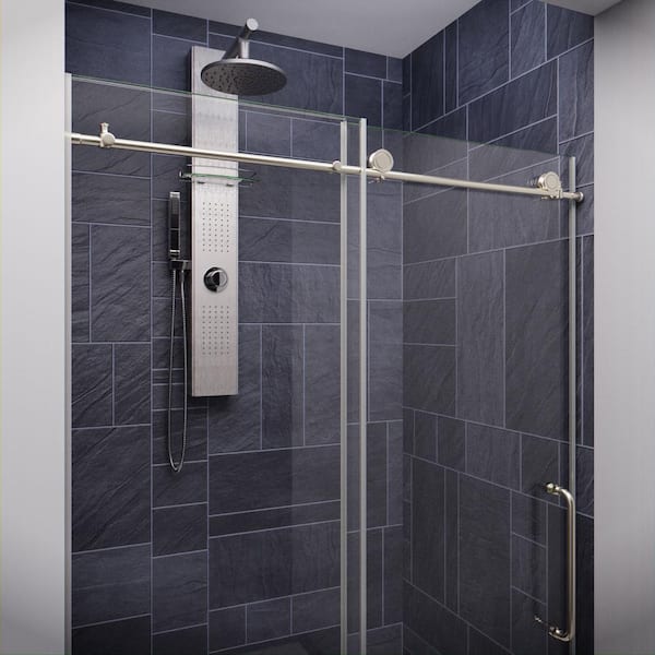 Leon Series 48 in. x 76 in. H Sliding Frameless Shower Door in Brushed Nickel  with Tsunami Guard Tempered Glass