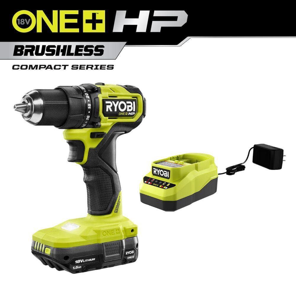 RYOBI ONE+ HP 18V Brushless Cordless Compact 1/2in. Drill/Driver Kit with (2) 1.5 Ah Batteries and Charger