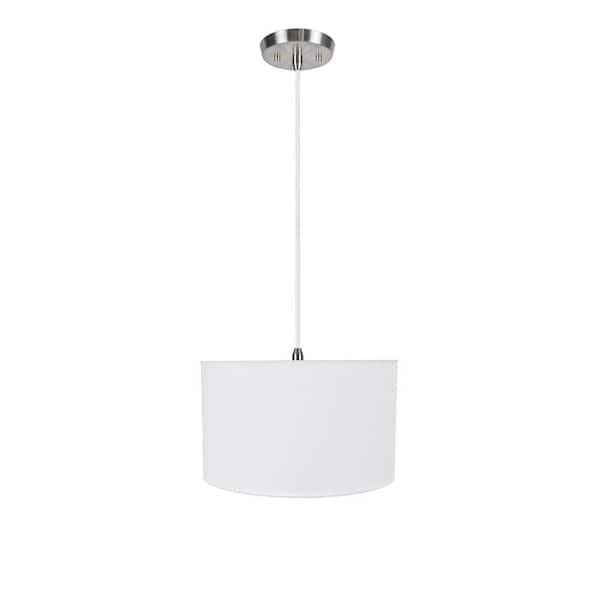 2-Light Satin Nickel Pendant with Off White Hardback Drum Fabric Shade