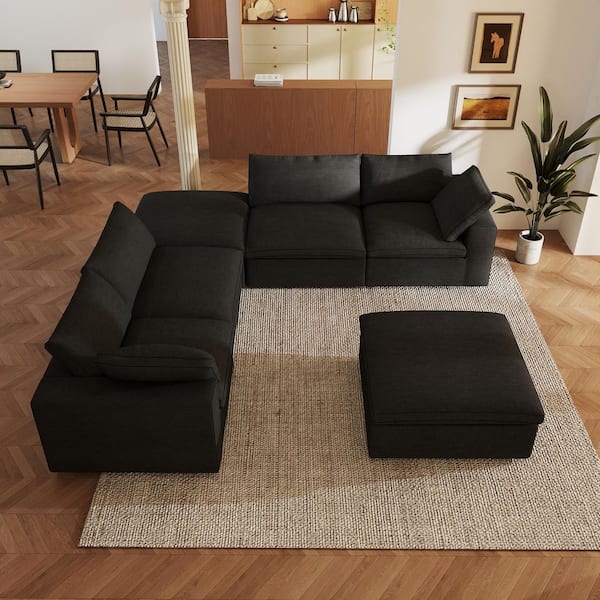 157 in. Square Arm 6-Piece Linen U-shaped Sectional Sofa Cloud Couch in Black with Storage Ottomans