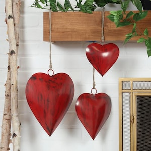 Red Metal Tibetan Inspired Heart Decorative Bells with Hanging Rope (3- Pack)