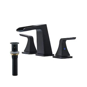 8 in. Widespread 2-Handle Waterfall Spout Bathroom Faucet with Pop-Up Drain Kit in Matte Black