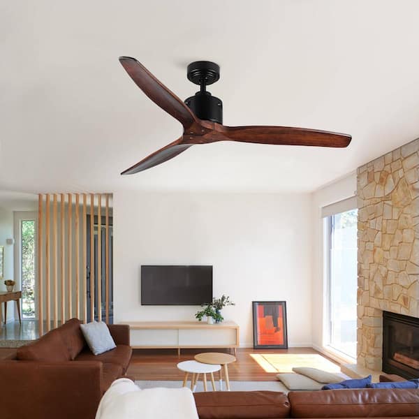 52 in. Indoor Antique Brown Remote Flush Low Profile Ceiling Fan with Solid Wood Blade (without Light)